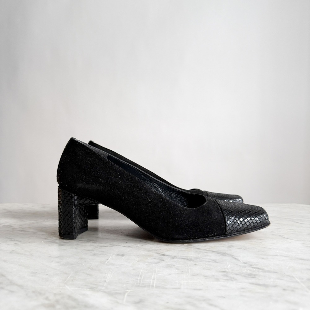 Stuart Weitzman y2k vtg black suede‎ snakeskin square toe heels size 7.5